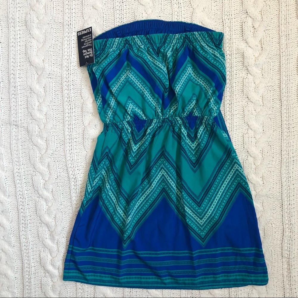 Express XS blue & green strapless dress NWT - Picture 5 of 8